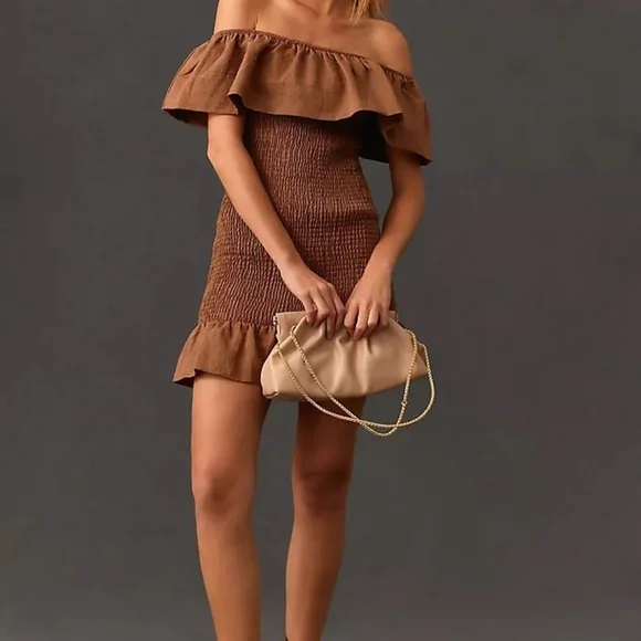 NWT Anthropologie Off-The-Shoulder Smocked Mini Dress Brown Size XS - Picture 2 of 5